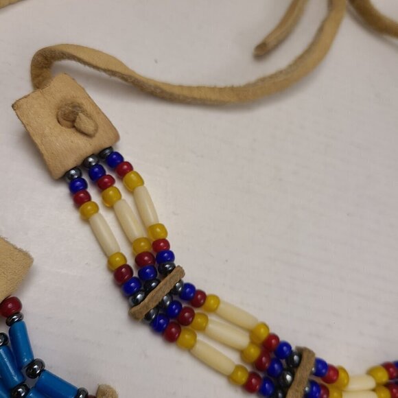 Set of 2 Leather and Bead Native American Choker Necklaces - Picture 4 of 15